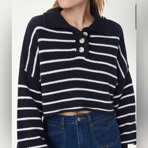 Cider Women’s Black & White Striped Sweater Cropped Collar Size XL